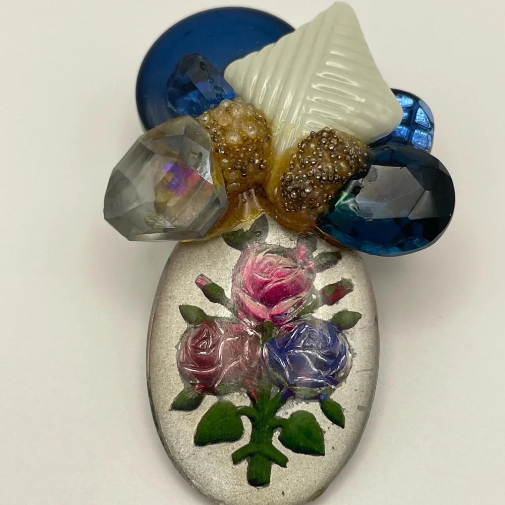 Signed Ropa Vintage Costume Brooch Blue Pink Flowers Shells Sparkly 🌸✨ - Picture 3 of 8